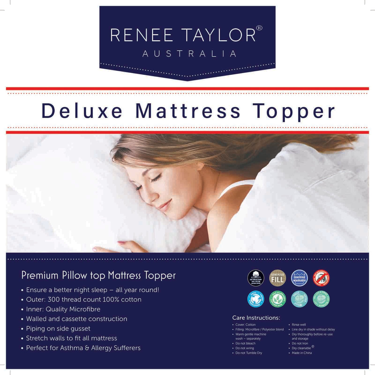 Renee Taylor Deluxe 1000 GSM High Loft Fully Fitted Mattress Topper King Single